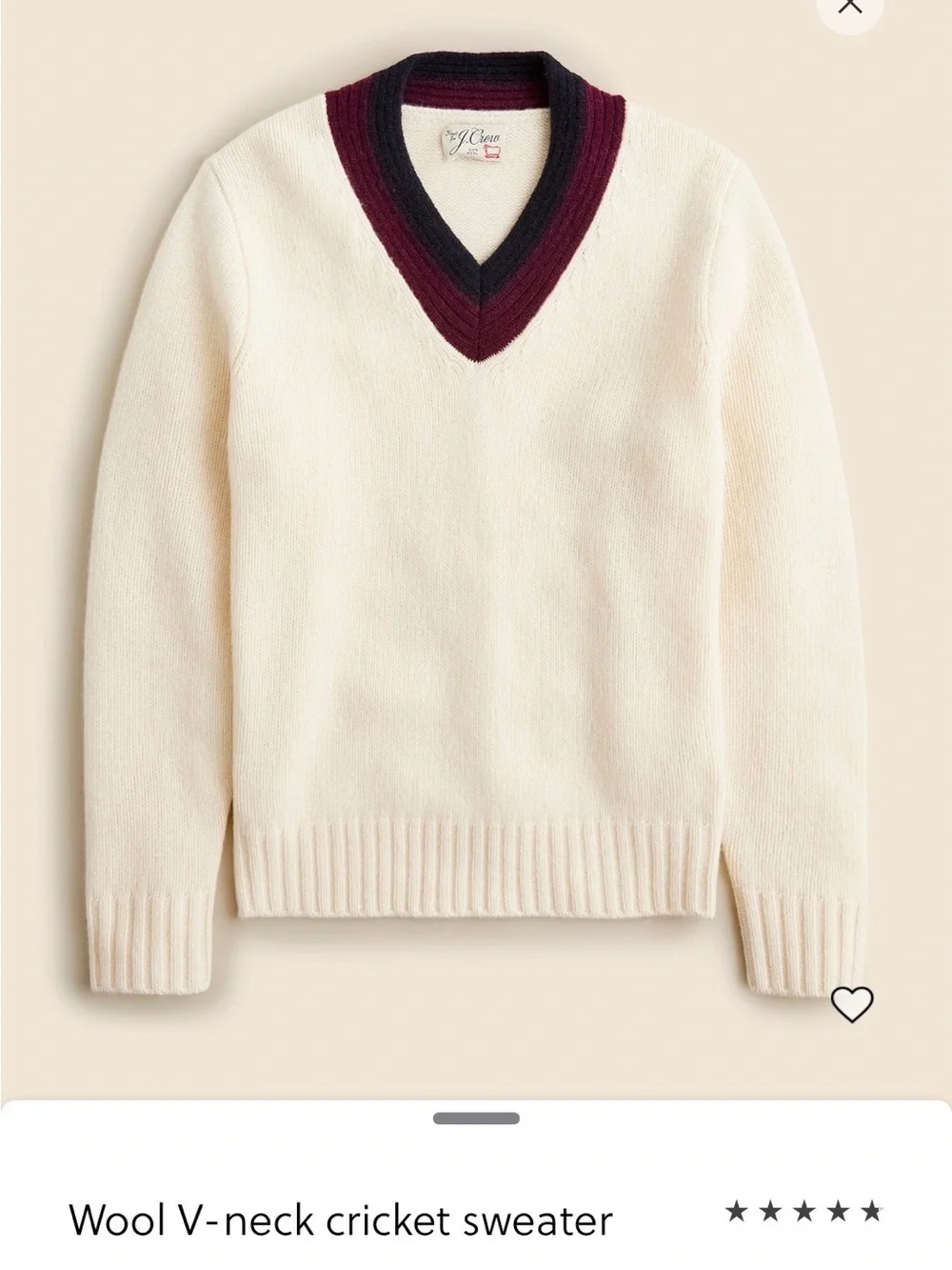 J. Crew Cream V‑Neck Sweater with Burgundy & Navy Trim Wool collection piece
